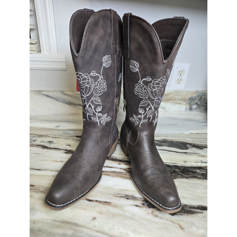 Jeossy Women's Cowgirl Size 9 Mid Calf Boots with‎ Embroidery Flower Synthetic